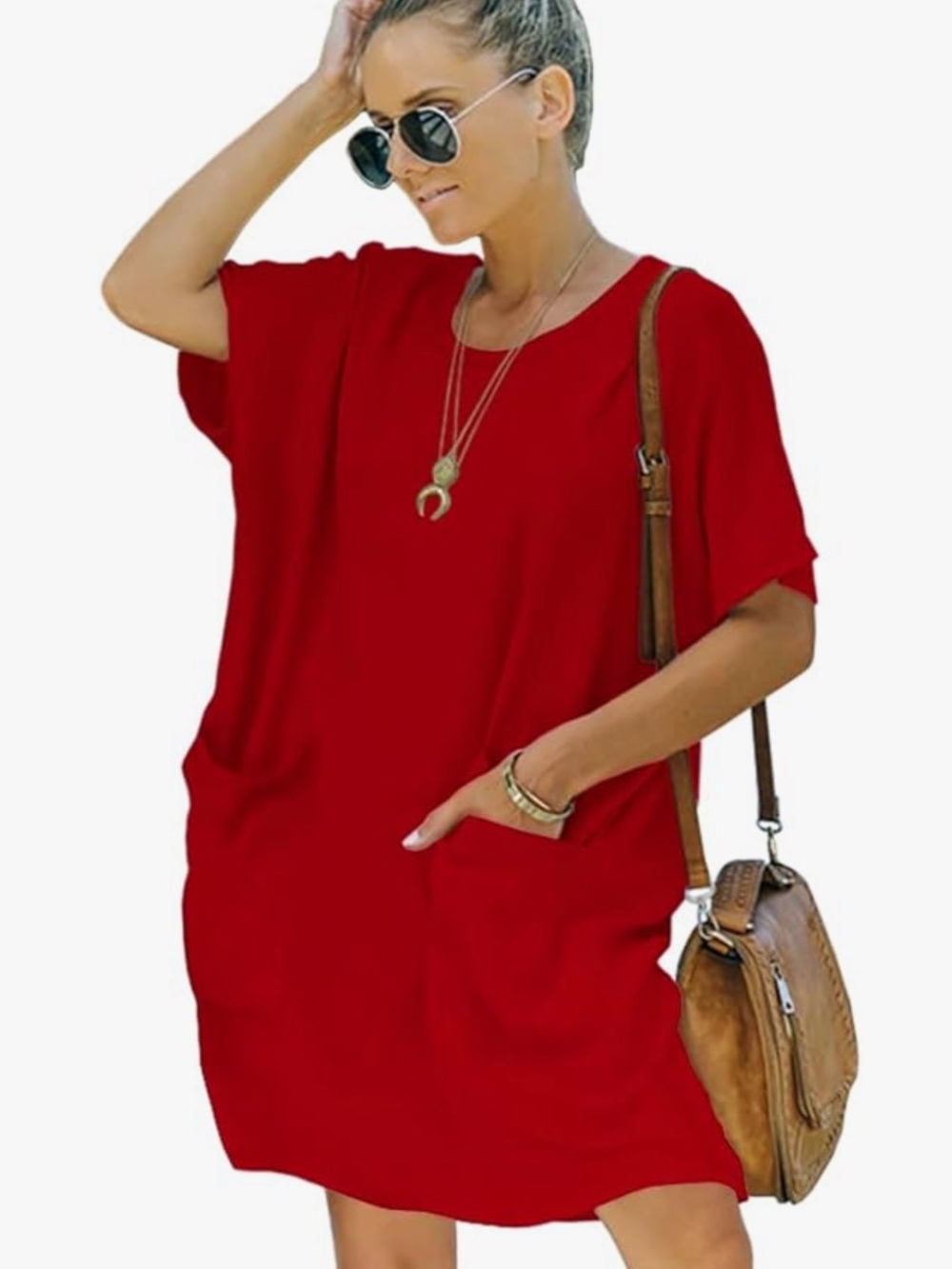 Red Women's Short Sleeve Pocket Tunic Dress